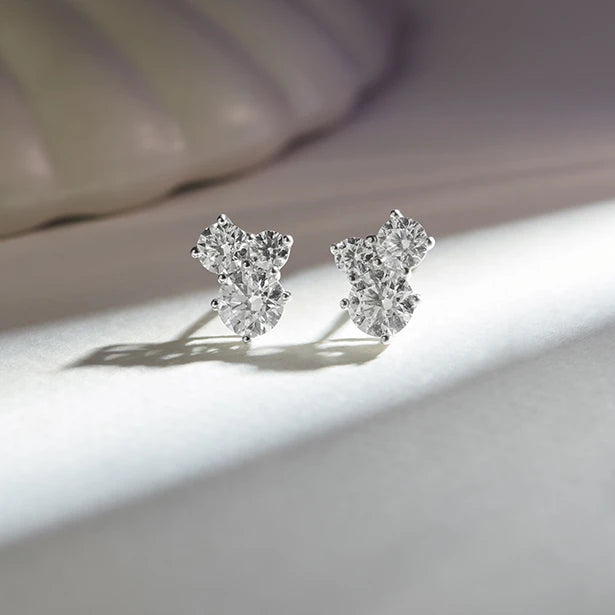 Three Stone Round Diamond Stud Earrings