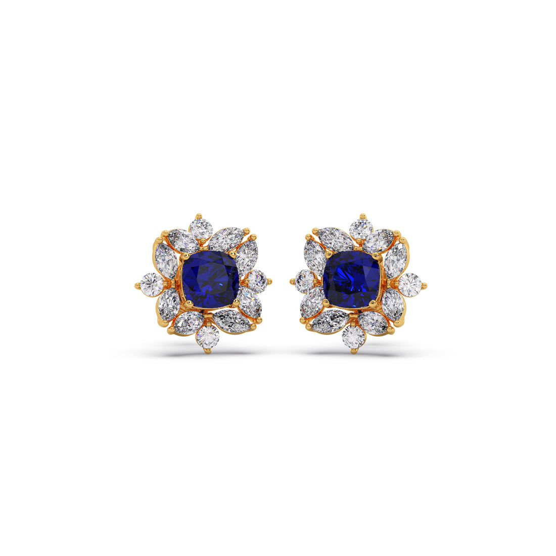 Floral Halo Stud Earrings with Blue Gemstone