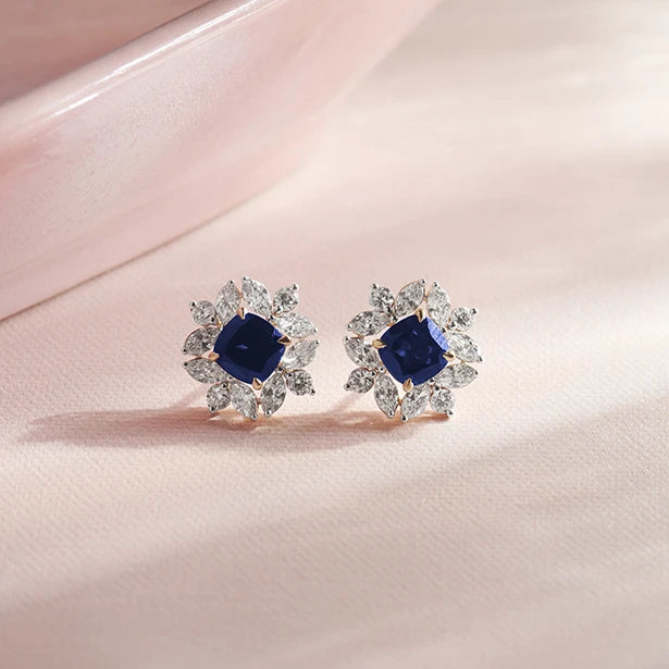 Floral Halo Stud Earrings with Blue Gemstone