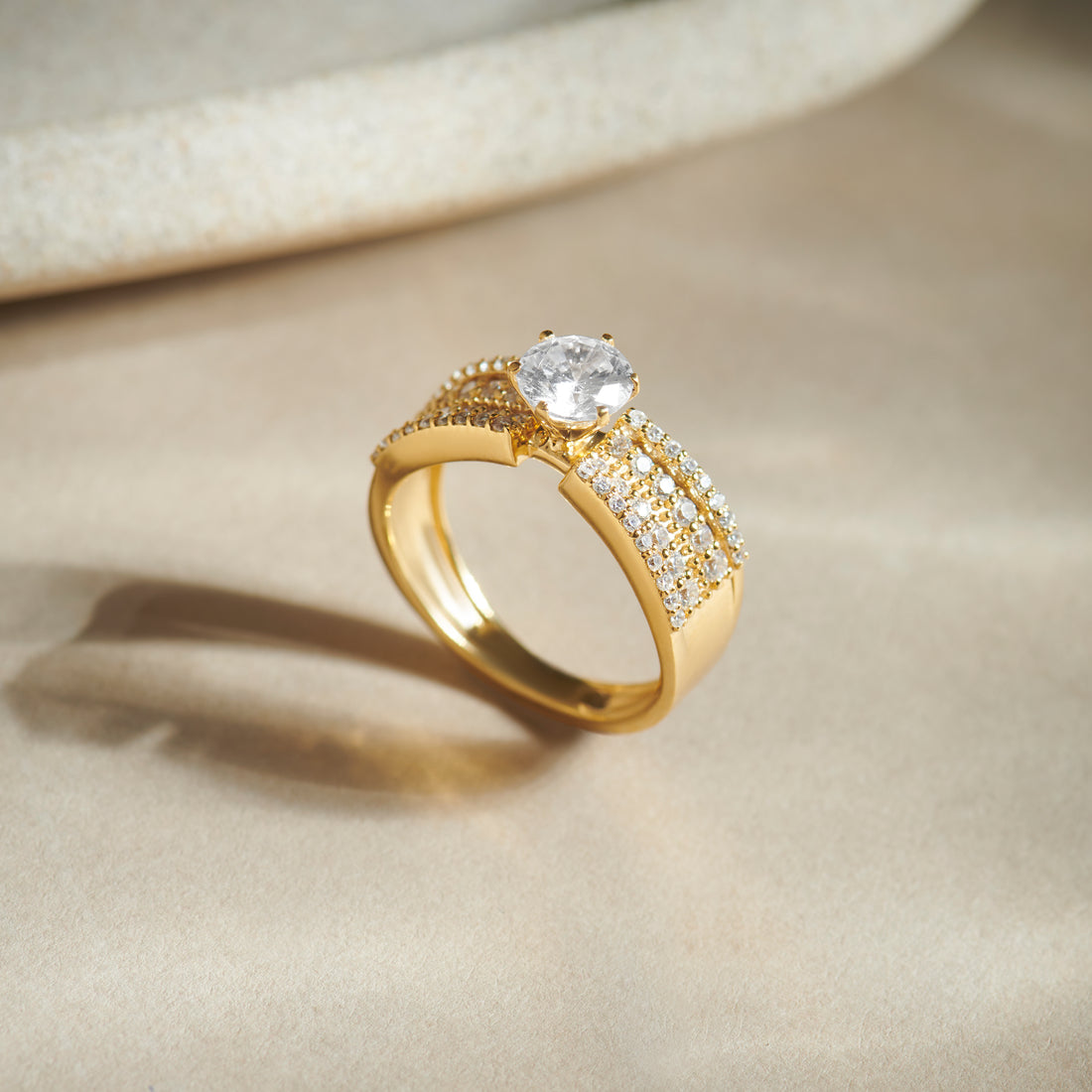 Elegant Round Center Stone Ring with Diamond Shoulders