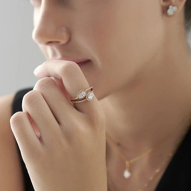 Two Oval Halo Engagement Diamond Ring