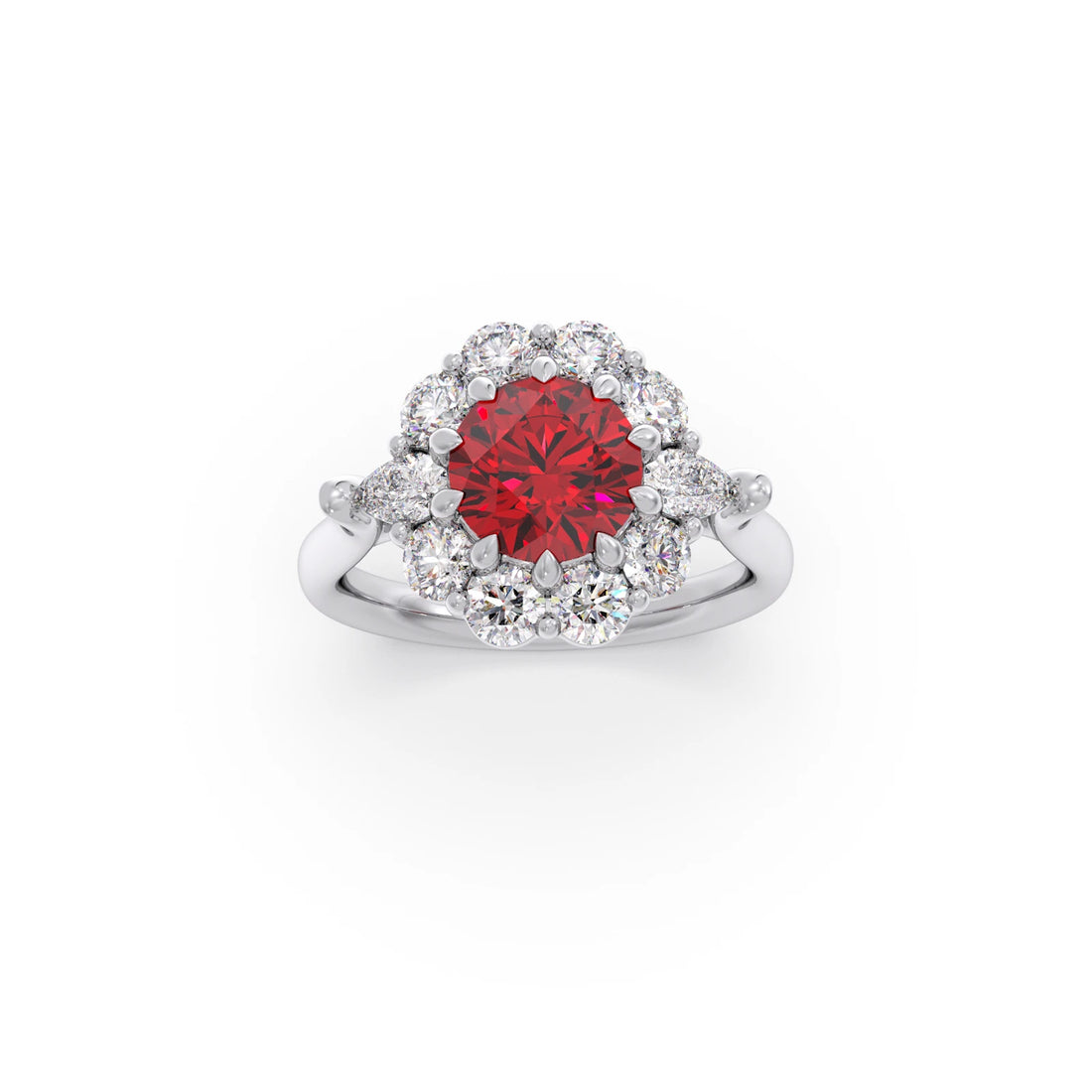 Pear and Round Diamond Halo Ring with Center Gemstone