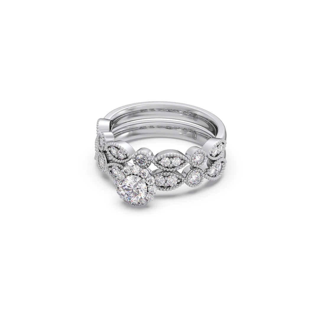 Round Solitaire with Diamond Accented Stackable Ring