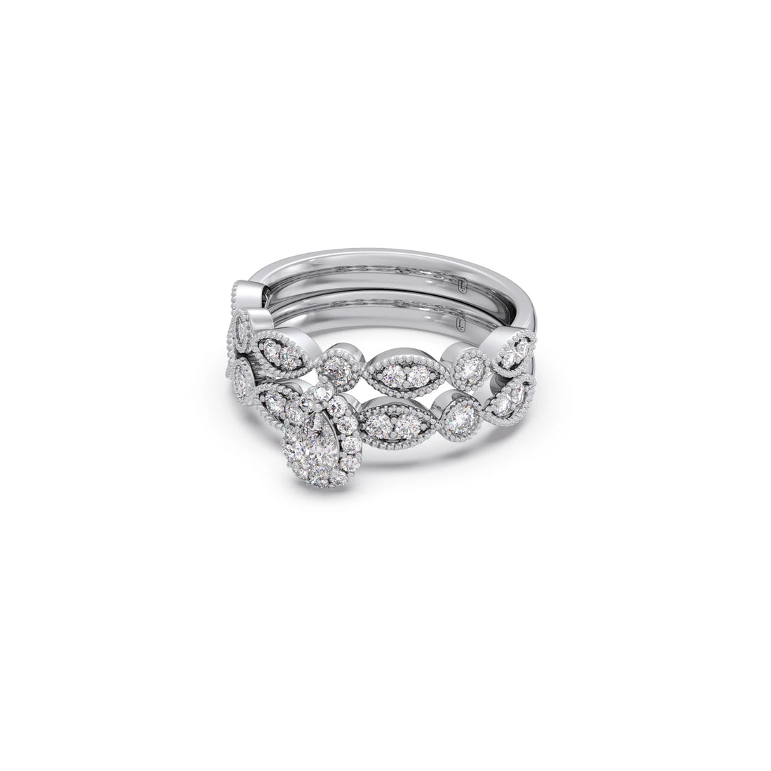 Pear Shaped and Halo Round Diamond Stackable Engagement Ring