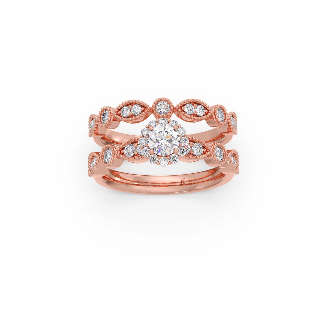 Round Solitaire with Floral Diamond Accent Stackable Ring Set