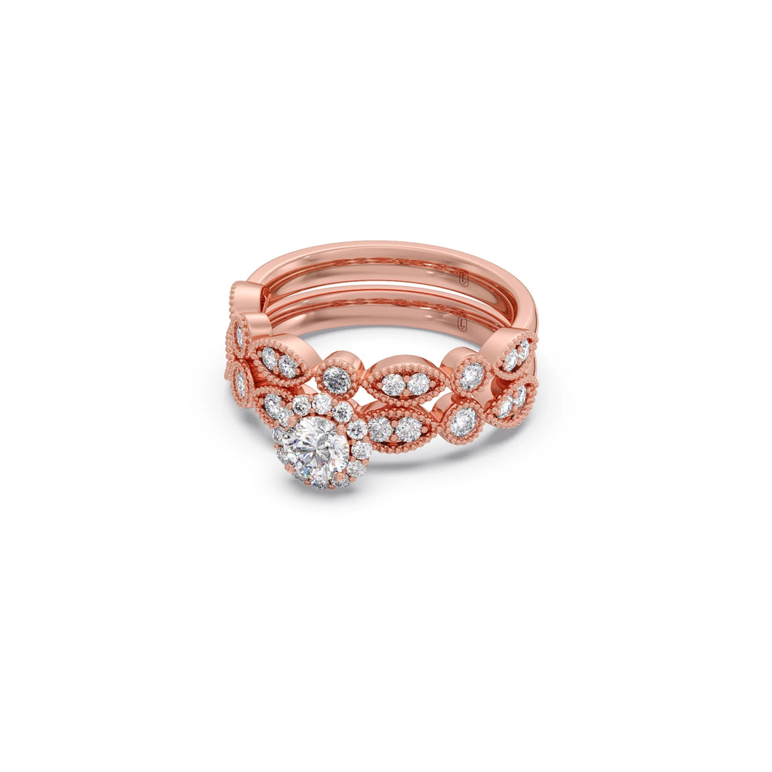 Round Solitaire with Floral Diamond Accent Stackable Ring Set