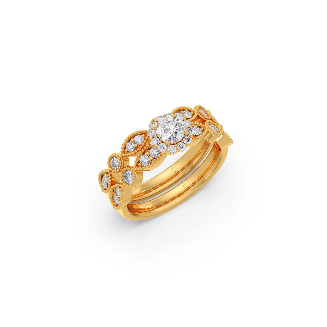 Round Solitaire with Floral Diamond Accent Stackable Ring Set