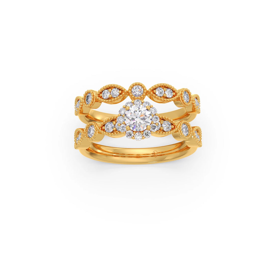 Round Solitaire with Floral Diamond Accent Stackable Ring Set