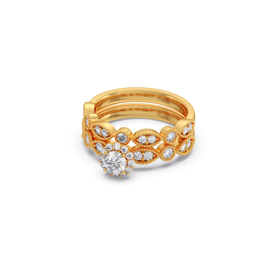 Round Solitaire with Floral Diamond Accent Stackable Ring Set