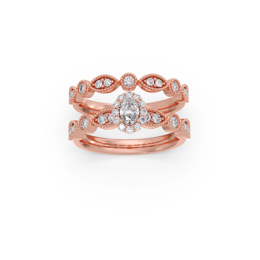 Oval Solitaire with Round Diamond Leaf Accents Stackable Ring