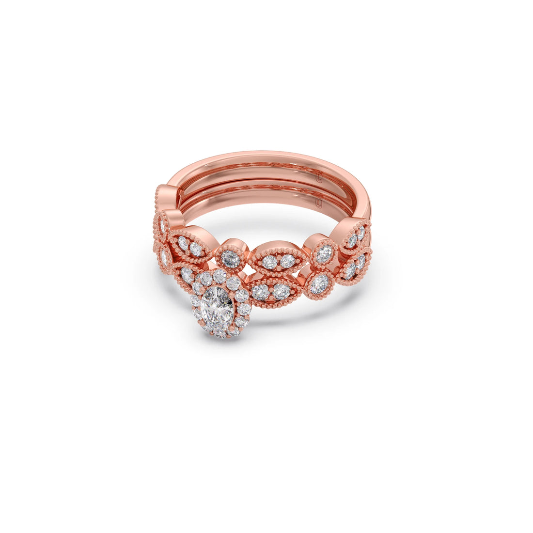 Oval Solitaire with Round Diamond Leaf Accents Stackable Ring
