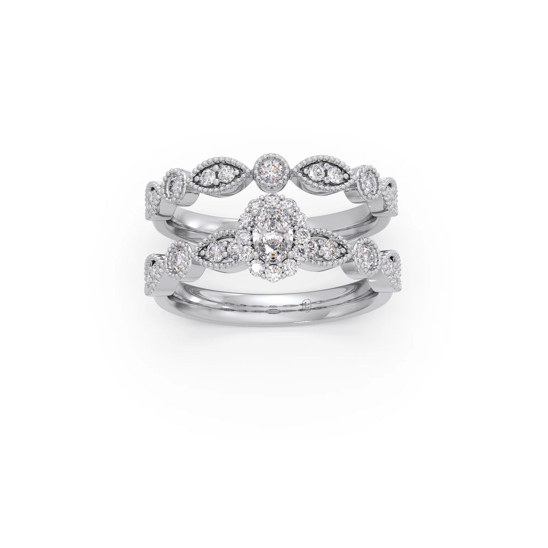 Oval Solitaire with Round Diamond Leaf Accents Stackable Ring
