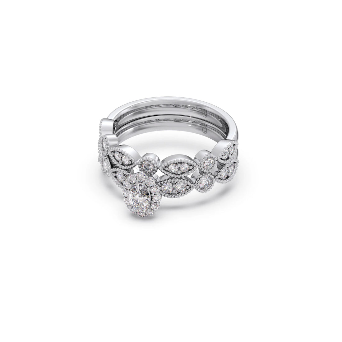 Oval Solitaire with Round Diamond Leaf Accents Stackable Ring