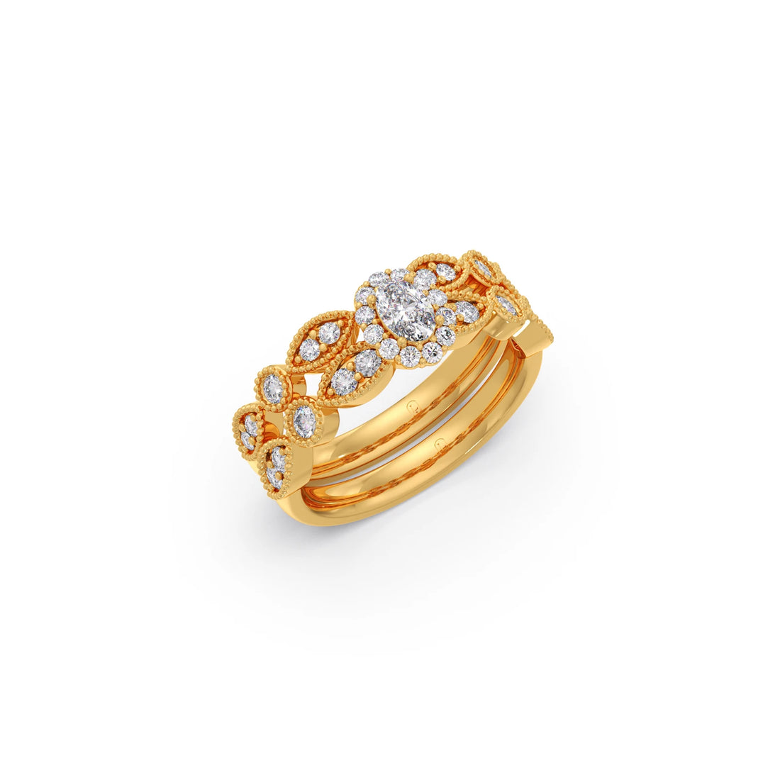 Oval Solitaire with Round Diamond Leaf Accents Stackable Ring