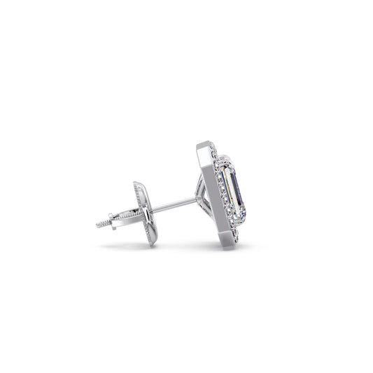 Halo Emerald Cut Diamond Stud Earrings