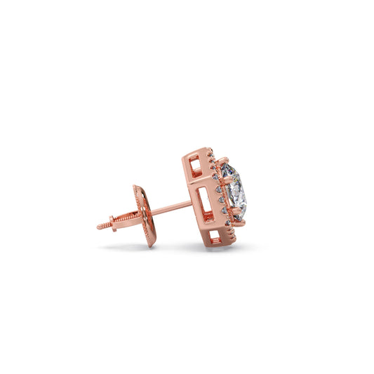 Hexagon Halo Round Diamond Stud Earrings