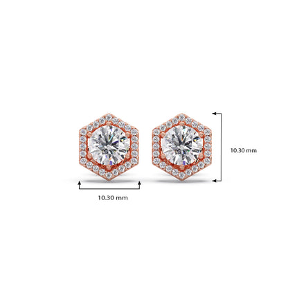 Hexagon Halo Round Diamond Stud Earrings