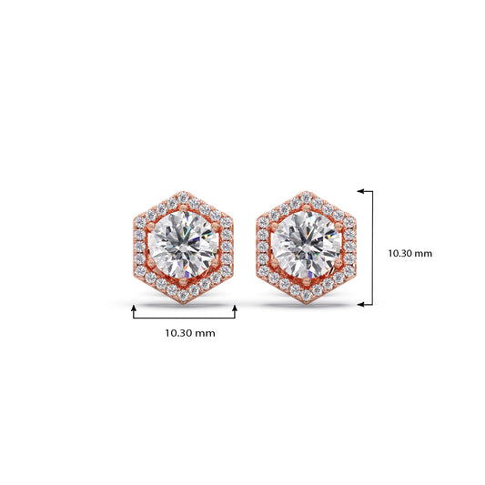 Hexagon Halo Round Diamond Stud Earrings