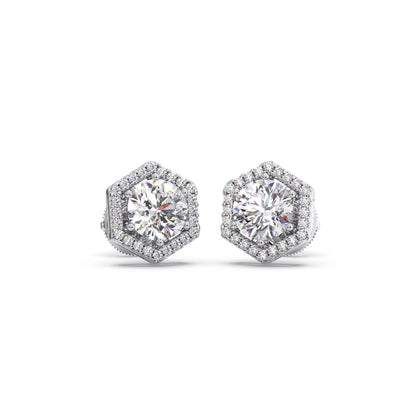 Hexagon Halo Round Diamond Stud Earrings