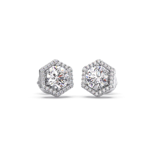 Hexagon Halo Round Diamond Stud Earrings