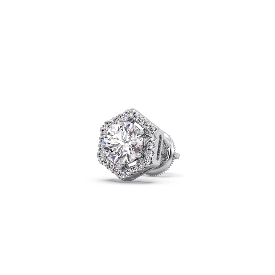Hexagon Halo Round Diamond Stud Earrings