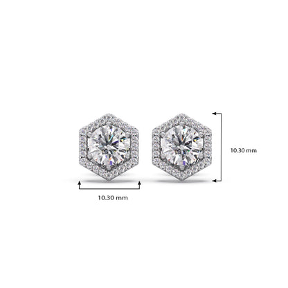 Hexagon Halo Round Diamond Stud Earrings