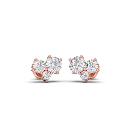 Three Stone Round Diamond Stud Earrings