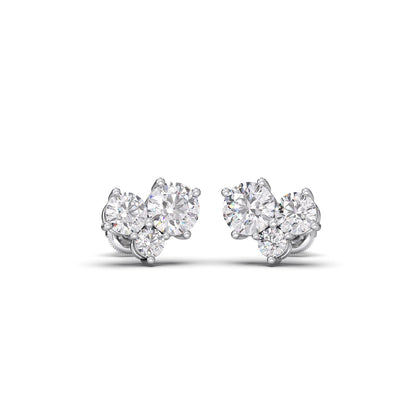 Three Stone Round Diamond Stud Earrings