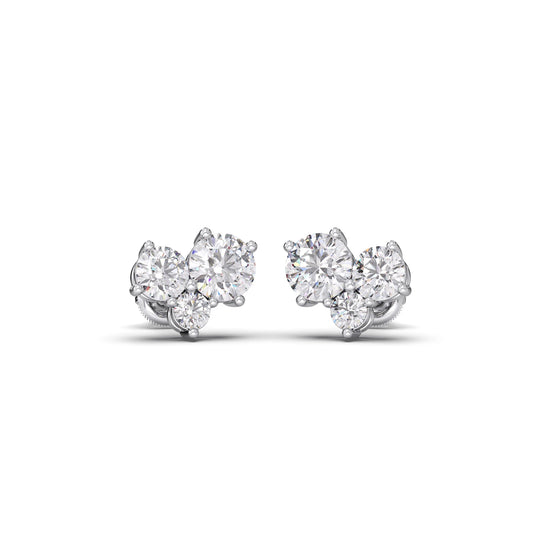 Three Stone Round Diamond Stud Earrings