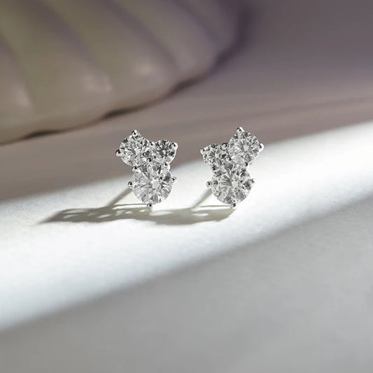 Three Stone Round Diamond Stud Earrings