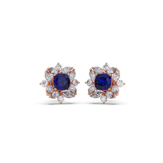 Floral Halo Stud Earrings with Blue Gemstone
