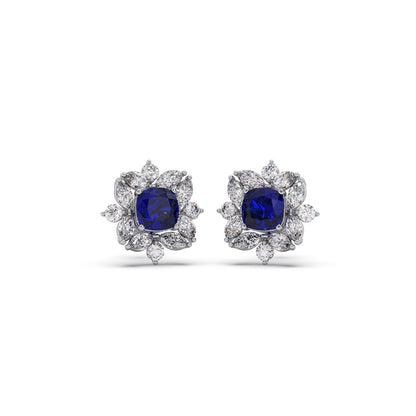 Floral Halo Stud Earrings with Blue Gemstone