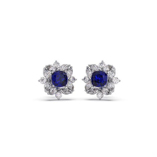 Floral Halo Stud Earrings with Blue Gemstone