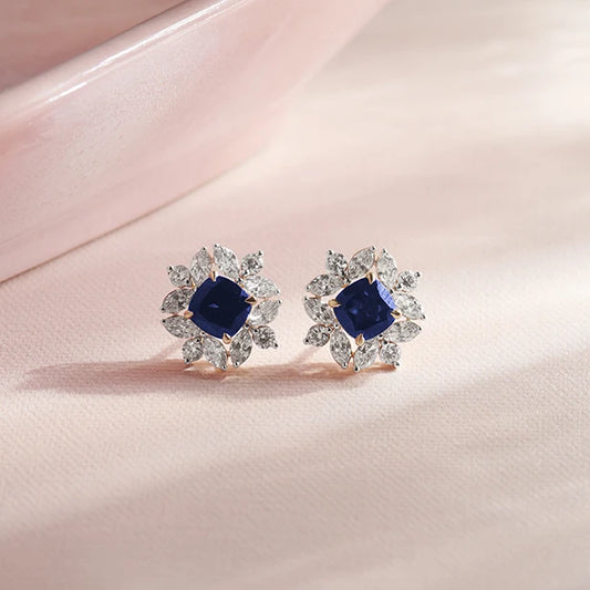 Floral Halo Stud Earrings with Blue Gemstone