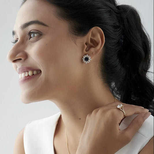 Floral Halo Stud Earrings with Blue Gemstone