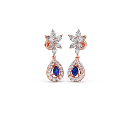 Blue Gemstone and Diamond Halo Drop Earrings