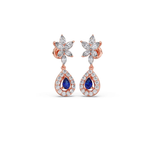 Blue Gemstone and Diamond Halo Drop Earrings