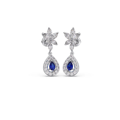 Blue Gemstone and Diamond Halo Drop Earrings