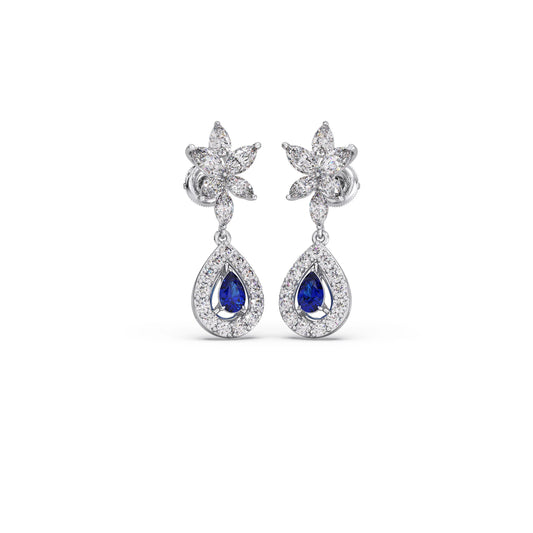 Blue Gemstone and Diamond Halo Drop Earrings