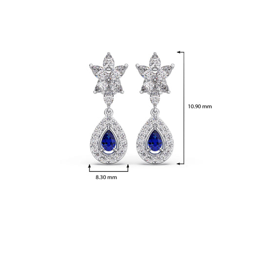 Blue Gemstone and Diamond Halo Drop Earrings