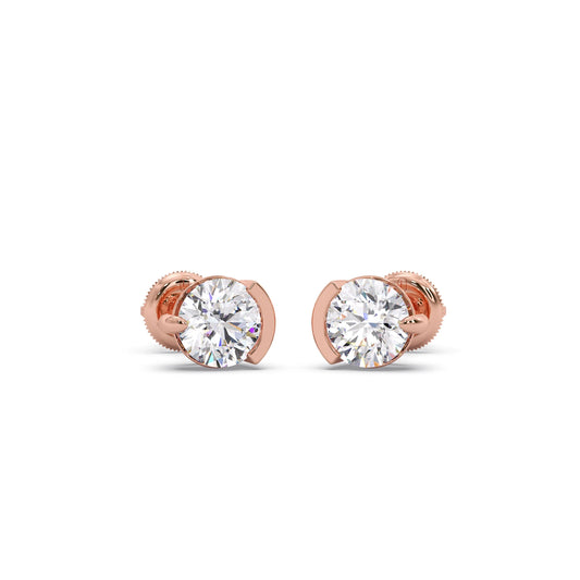 Half Bezel & Claw Prong Set Luminious Round Shape Solitaire Earring