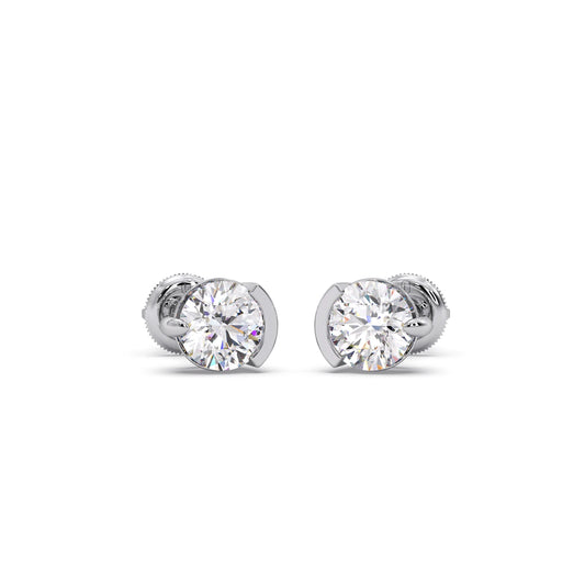 Half Bezel & Claw Prong Set Luminious Round Shape Solitaire Earring