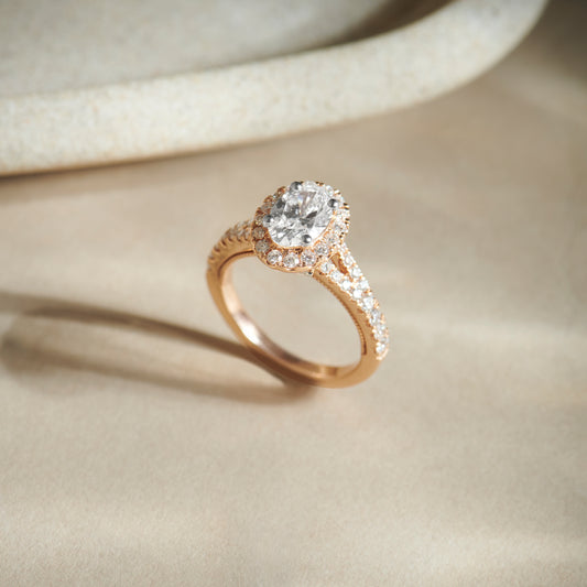 Oval Halo Split Shank Engagement Ring