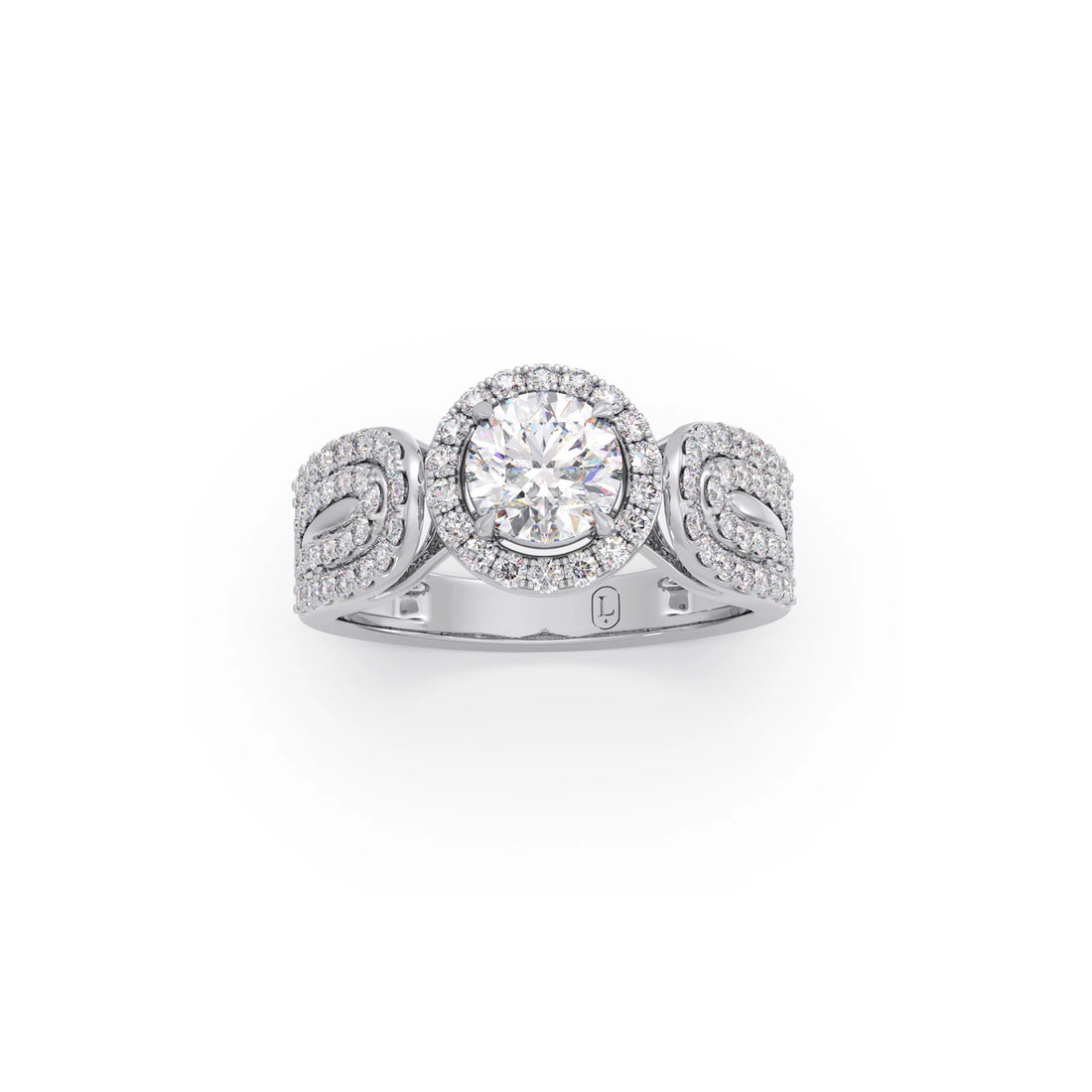 Round Halo Solitaire Ring with Diamond Accented Shoulders
