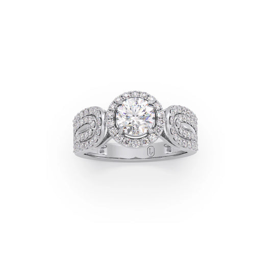 Round Halo Solitaire Ring with Diamond Accented Shoulders