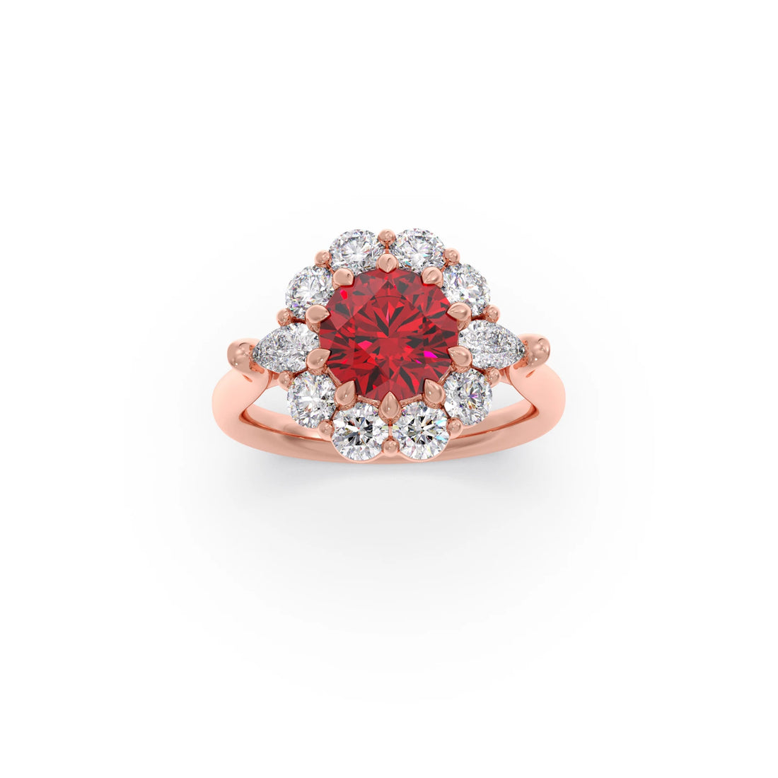 Pear and Round Diamond Halo Ring with Center Gemstone