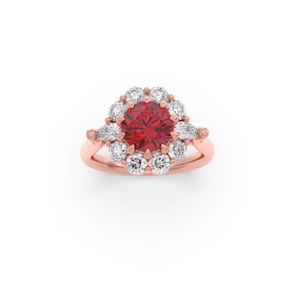 Pear and Round Diamond Halo Ring with Center Gemstone