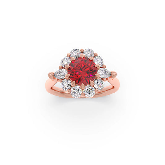 Pear and Round Diamond Halo Ring with Center Gemstone