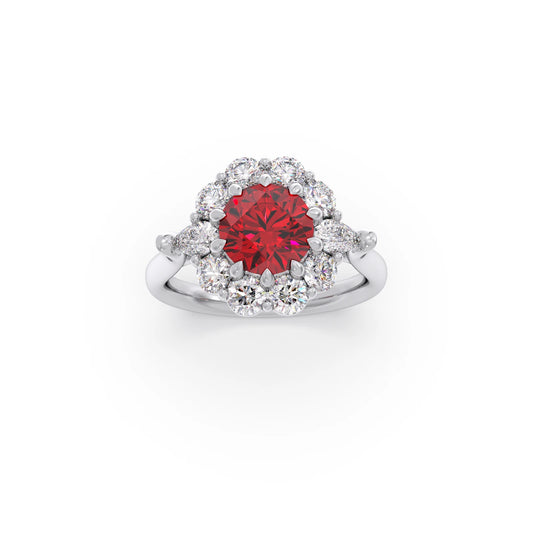 Pear and Round Diamond Halo Ring with Center Gemstone