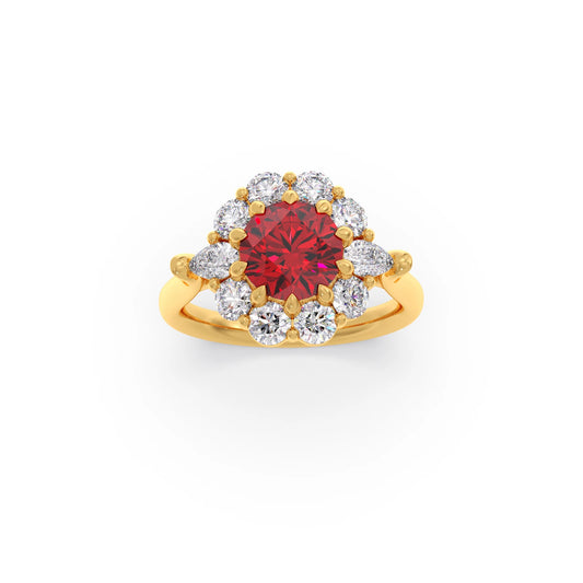 Pear and Round Diamond Halo Ring with Center Gemstone